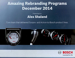 Robert Bosch award certificate presented to Alex Shaland for contribution to a rebranding program