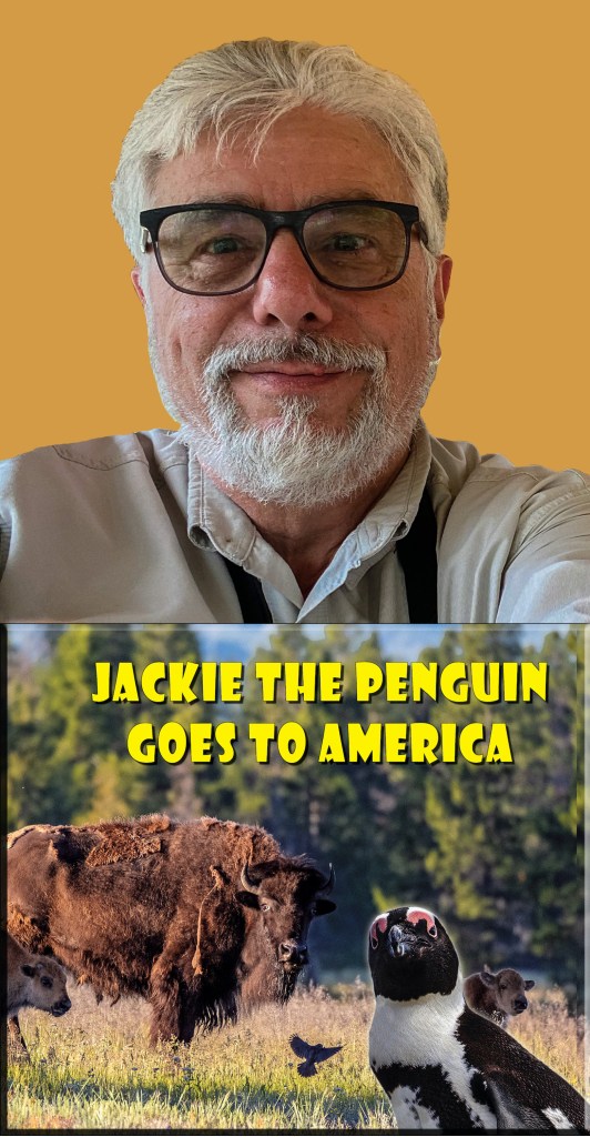 Alex Shaland and cover of Jackie the Penguin Goes to America Book